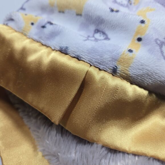 Minky Couture Elephant Monkey Giraffe Satin Trim Baby Blanket Gray Gold Soft - Picture 8 of 9